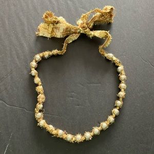 Lanvin silver bead and gold mesh ribbon necklace